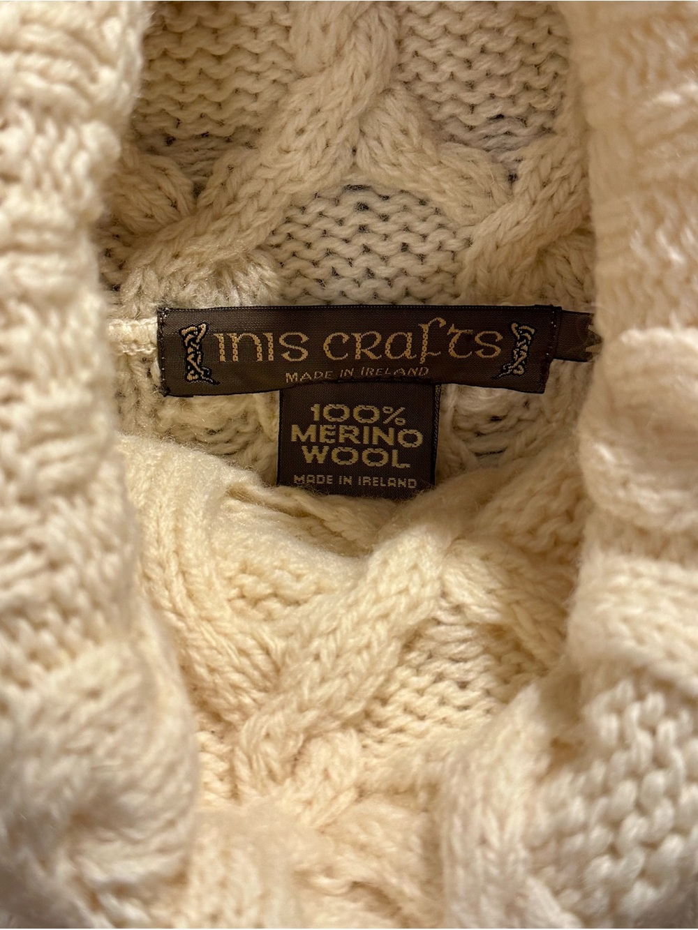 Cream 100% Merino Wool Inis Crafts Sweater, Made in Ireland, Authentic Irish